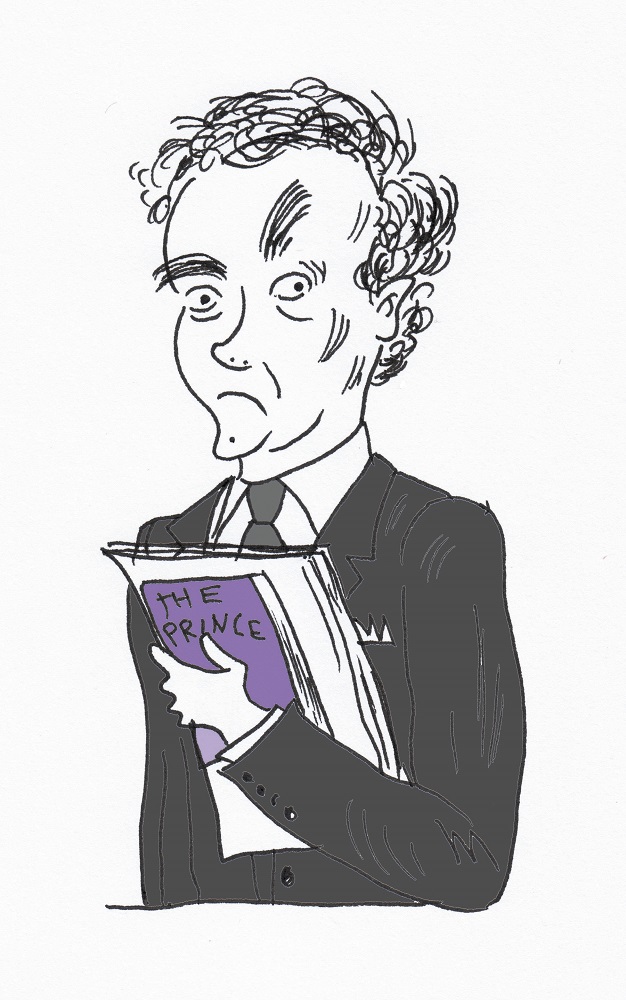 A cartoon illustration by John Levers of Humphrey Appleby, a man with an angular face and curly hair wearing a suit, with a raised eyebrow, holding a sheaf of papers